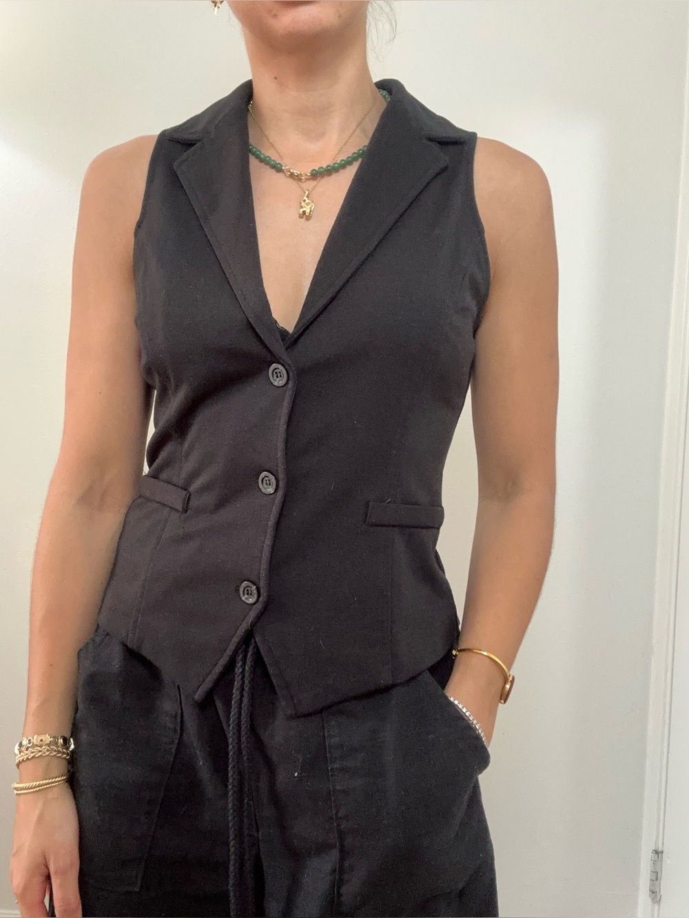 Vintage Y2K NY & Co Black Knit Fitted V-neck Button Front Tailored Vest Size XS
